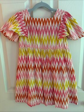 Mini Boden Pink, Yellow & Orange Zigzag Flutter-Sleeve Dress
